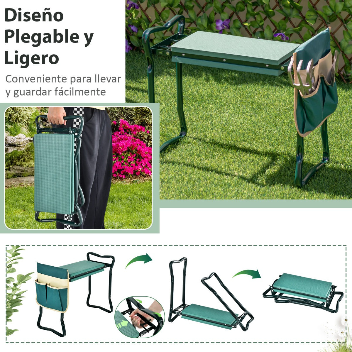 2 en 1 Asiento Plegable para Jardín con Bolsa Lateral y Cojín Taburete para Arrodillarse y Sentarse Carga 150 kg 58 x 27,5 x 50 cm Verde