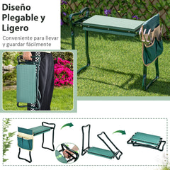 2 en 1 Asiento Plegable para Jardín con Bolsa Lateral y Cojín Taburete para Arrodillarse y Sentarse Carga 150 kg 58 x 27,5 x 50 cm Verde