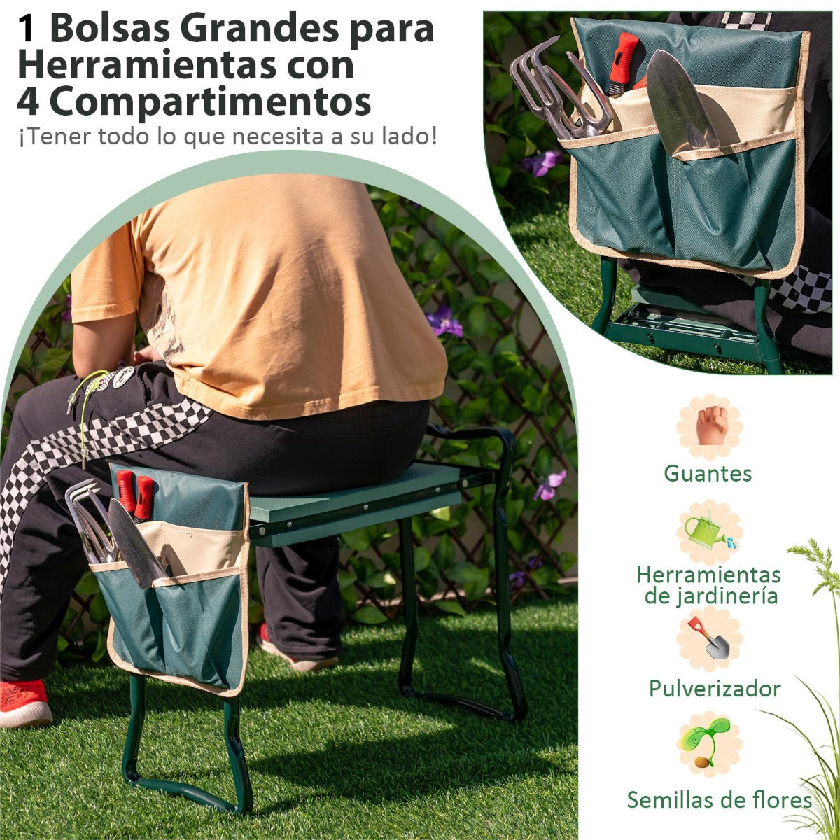 2 en 1 Asiento Plegable para Jardín con Bolsa Lateral y Cojín Taburete para Arrodillarse y Sentarse Carga 150 kg 58 x 27,5 x 50 cm Verde