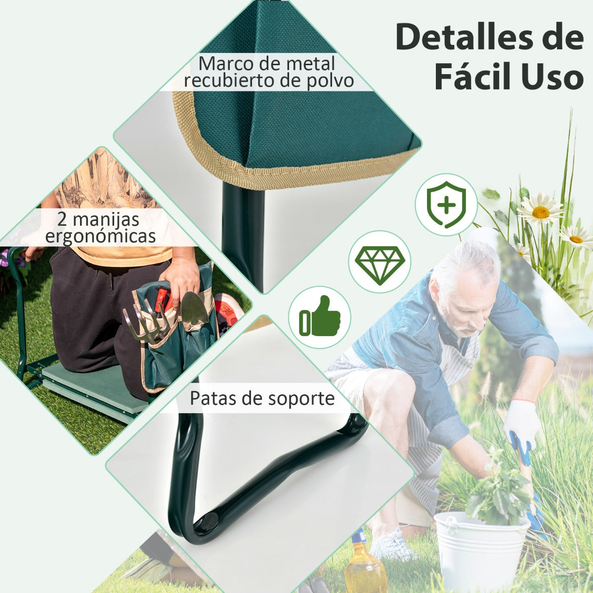 2 en 1 Asiento Plegable para Jardín con Bolsa Lateral y Cojín Taburete para Arrodillarse y Sentarse Carga 150 kg 58 x 27,5 x 50 cm Verde