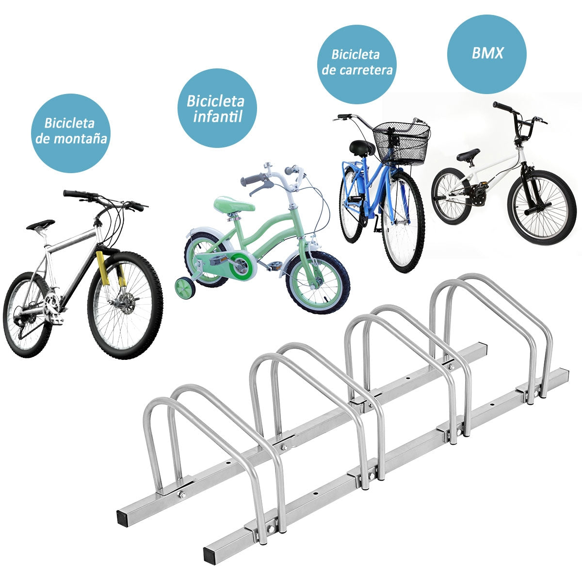 Aparcamiento para 4 Bicicletas para Suelo Ciclismo Soporte Metal para Hogar Centro Comercial Estacionamiento Gris 120 x 32,5 x 26 cm