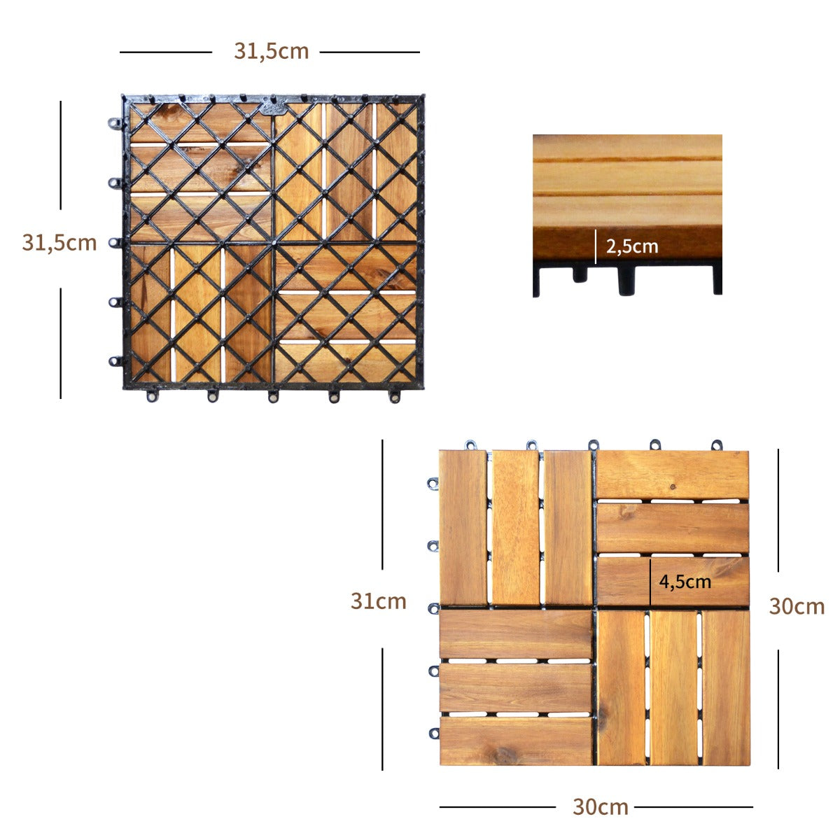 27 Piezas de Azulejo de Patio Entrelazado de Madera de Acacia sin Herramientas para Interiores y Exteriores 30 x 30 x 2,5 cm Natural