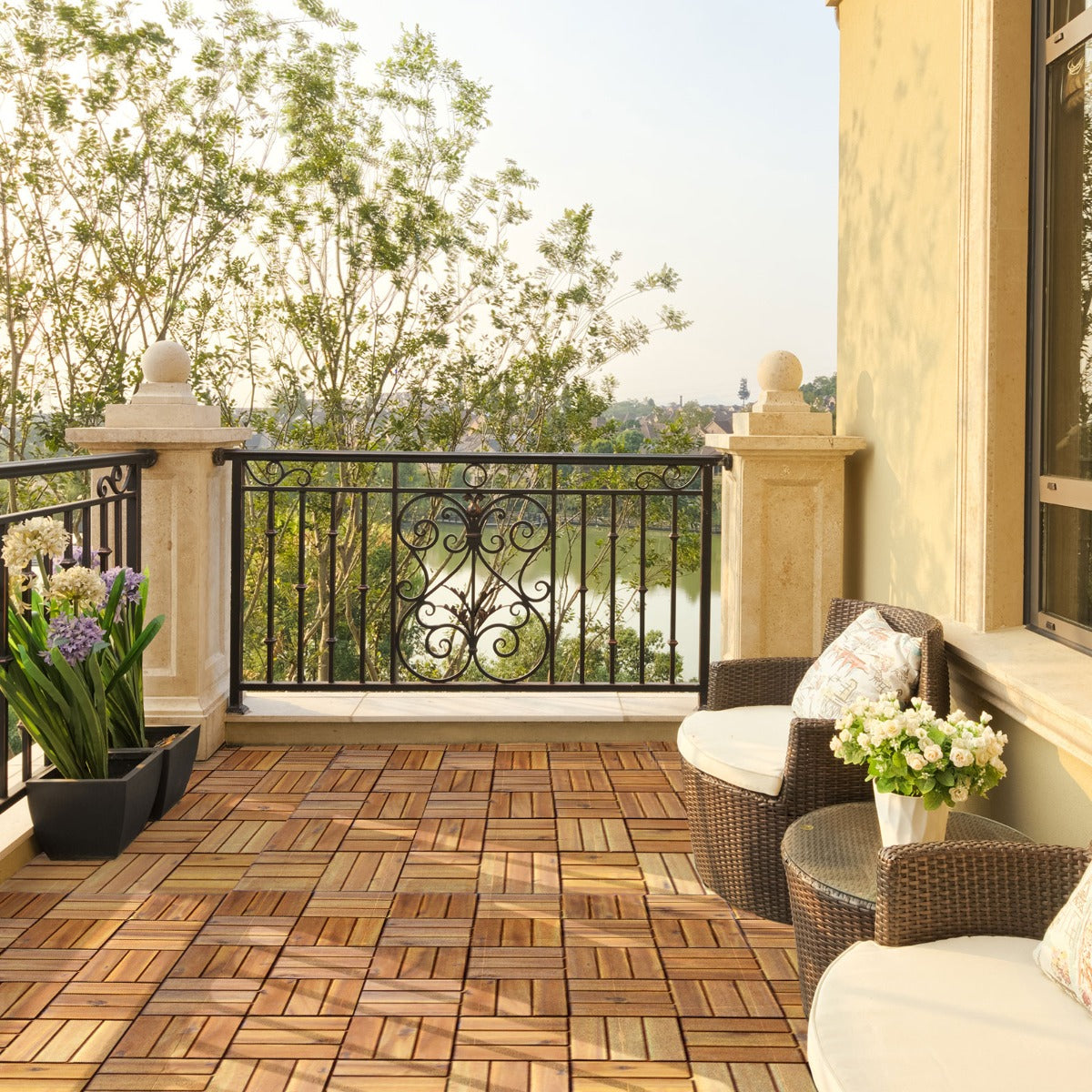 27 Piezas de Azulejo de Patio Entrelazado de Madera de Acacia sin Herramientas para Interiores y Exteriores 30 x 30 x 2,5 cm Natural