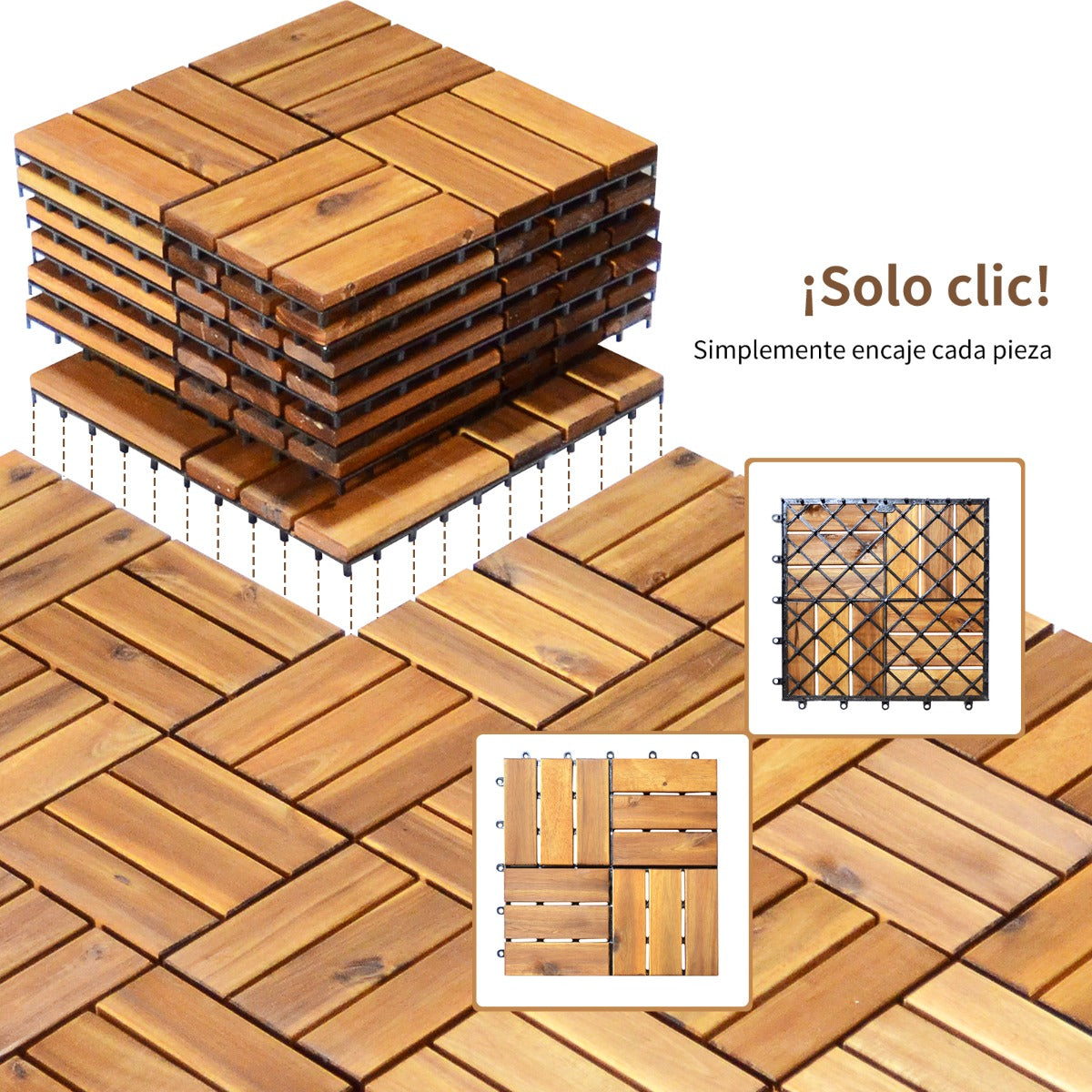 27 Piezas de Azulejo de Patio Entrelazado de Madera de Acacia sin Herramientas para Interiores y Exteriores 30 x 30 x 2,5 cm Natural