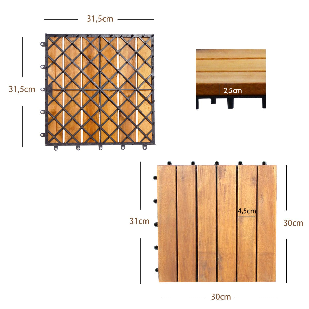 27 Piezas de Azulejo de Patio Entrelazado de Madera de Acacia sin Herramientas para Exteriores y Interiores 30 x 30 x 2,5 cm Natural