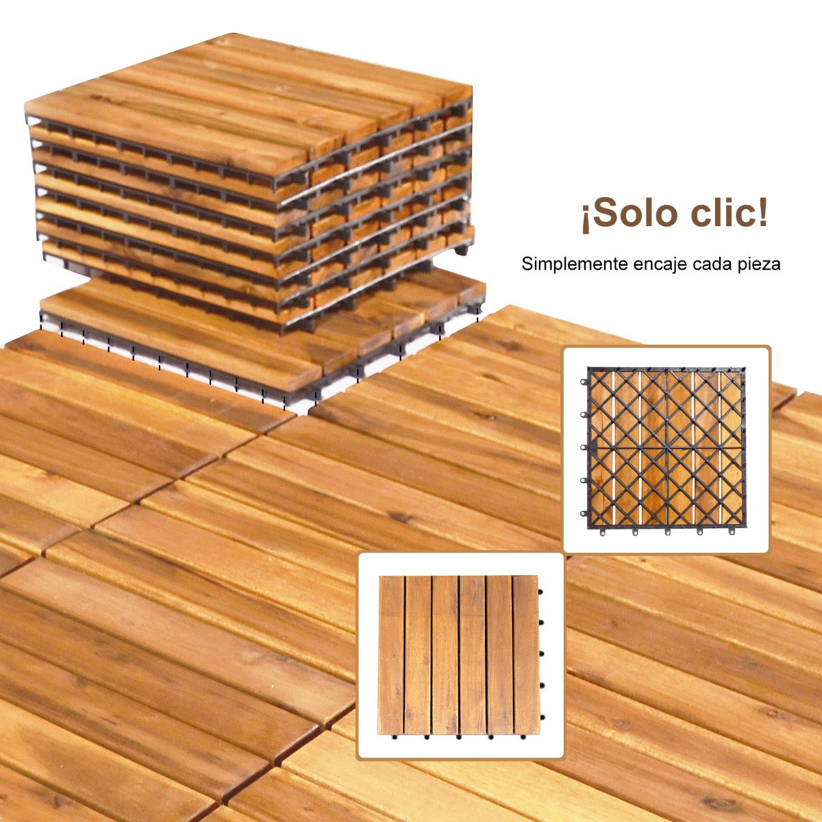 27 Piezas de Azulejo de Patio Entrelazado de Madera de Acacia sin Herramientas para Exteriores y Interiores 30 x 30 x 2,5 cm Natural