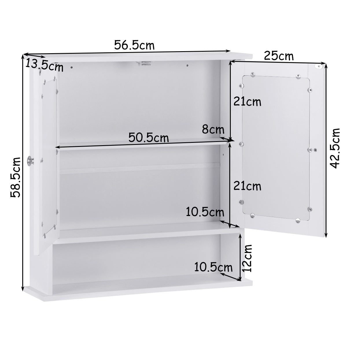 Armario con Espejo de pared con puertas dobles 3 estantes 56.5x13.5x58.5cm Blanco