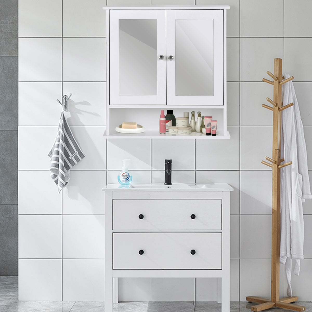 Armario con Espejo de pared con puertas dobles 3 estantes 56.5x13.5x58.5cm Blanco