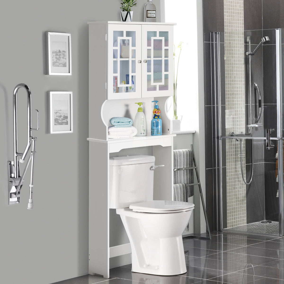 Armario de Almacenamiento Sobre el Inodoro con Estante Ajustable y Doble Puerta de Vidrio 60 x 21,5 x 170,5 cm Blanco