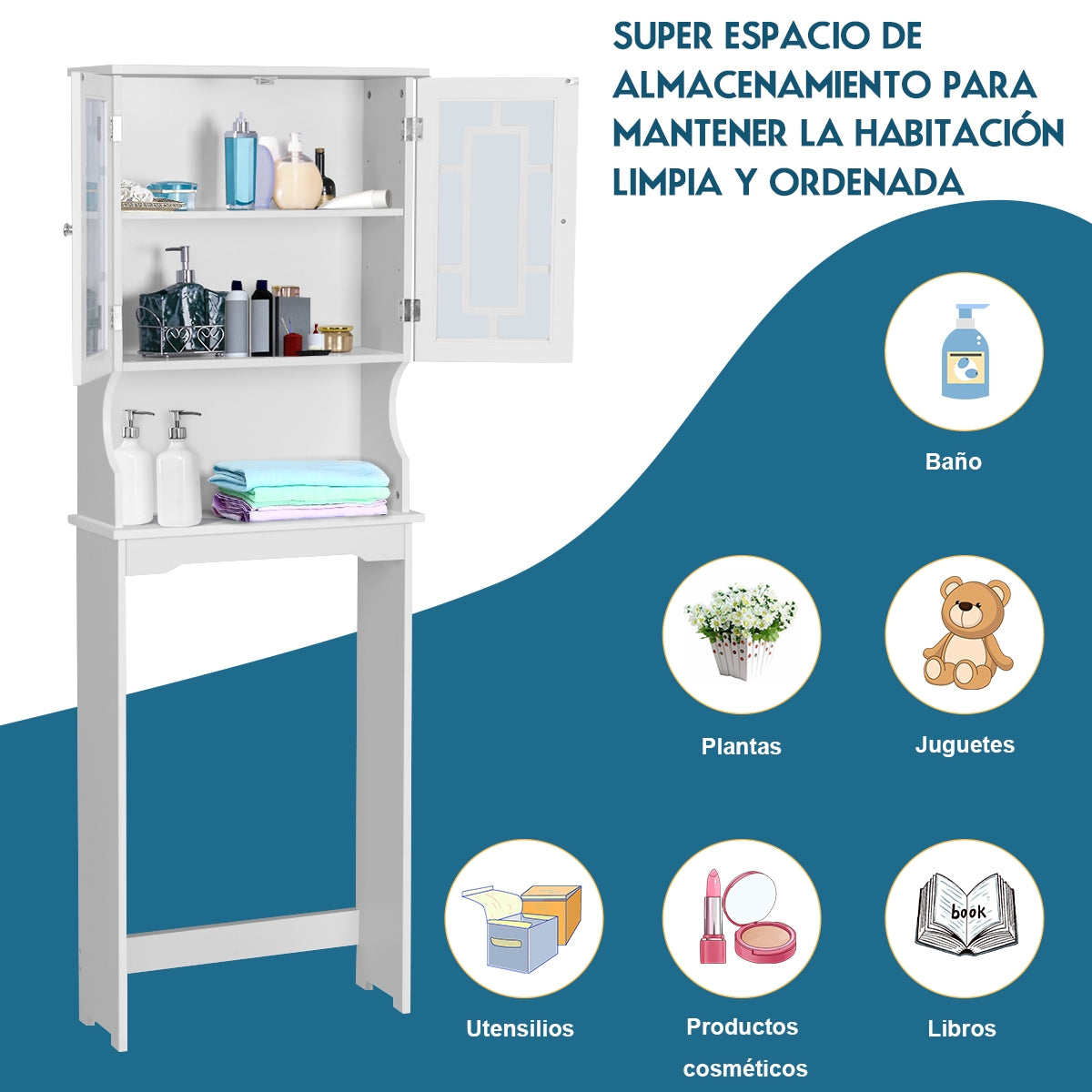Armario de Almacenamiento Sobre el Inodoro con Estante Ajustable y Doble Puerta de Vidrio 60 x 21,5 x 170,5 cm Blanco