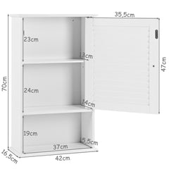 Armario de Baño de Pared con 3 Estantes de Almacenamiento y Puerta Mueble Baño con Estante Ajustable 42 x 16,5 x 70 cm Blanco