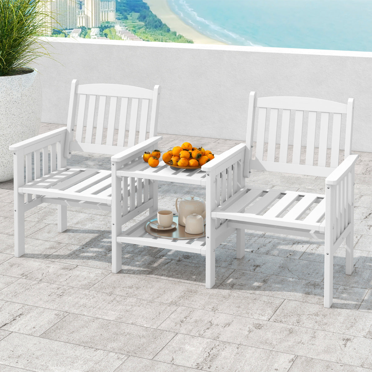 Banco de 2 Plazas de Madera de Abeto para Exterior con Mesa Central de 2 Niveles y Agujero para Sombrilla de 5 cm para Patio Porche Blanco