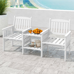 Banco de 2 Plazas de Madera de Abeto para Exterior con Mesa Central de 2 Niveles y Agujero para Sombrilla de 5 cm para Patio Porche Blanco