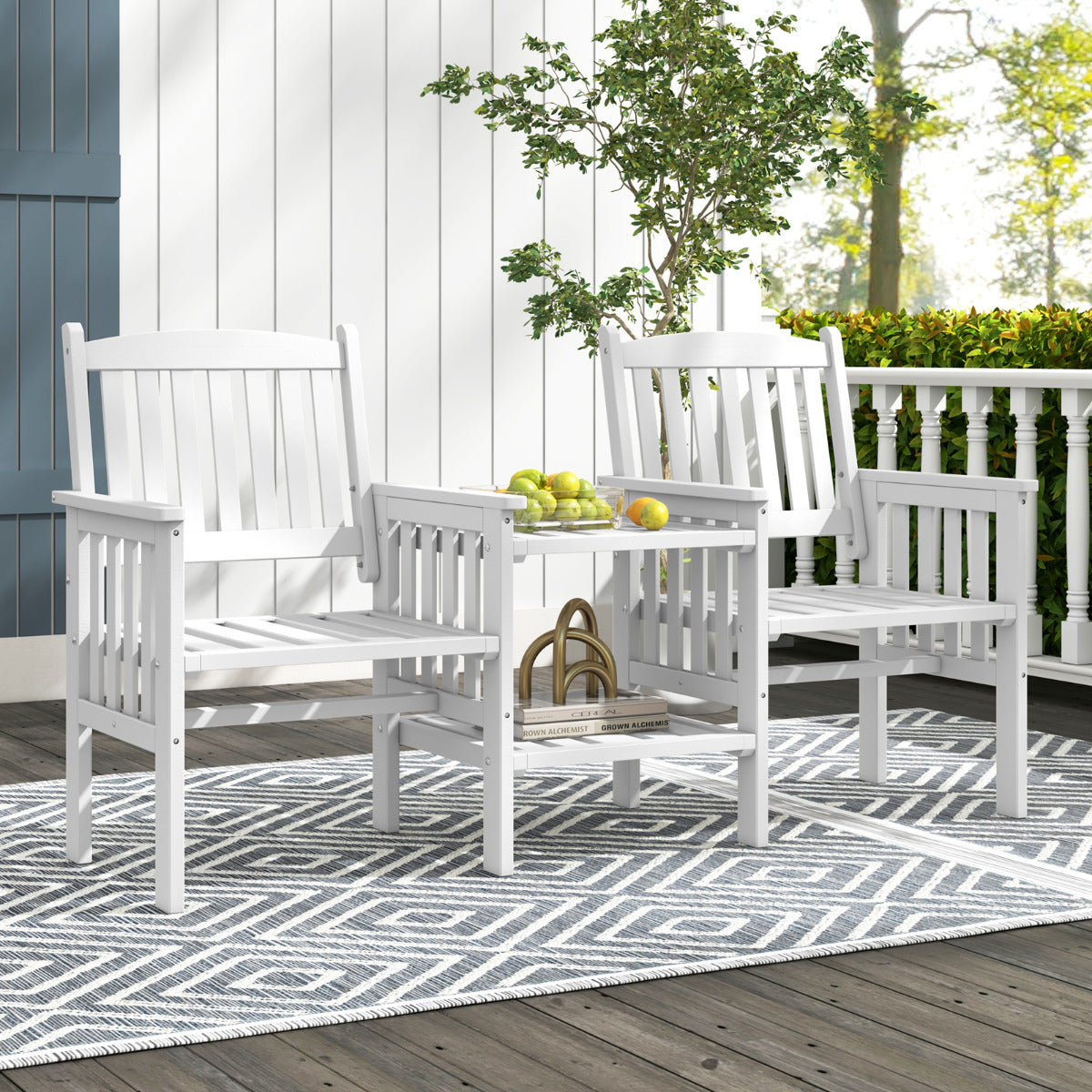 Banco de 2 Plazas de Madera de Abeto para Exterior con Mesa Central de 2 Niveles y Agujero para Sombrilla de 5 cm para Patio Porche Blanco