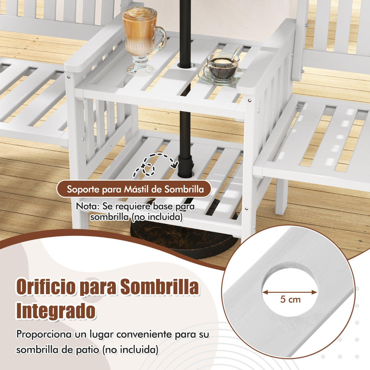 Banco de 2 Plazas de Madera de Abeto para Exterior con Mesa Central de 2 Niveles y Agujero para Sombrilla de 5 cm para Patio Porche Blanco