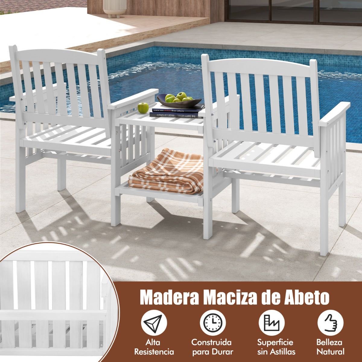Banco de 2 Plazas de Madera de Abeto para Exterior con Mesa Central de 2 Niveles y Agujero para Sombrilla de 5 cm para Patio Porche Blanco