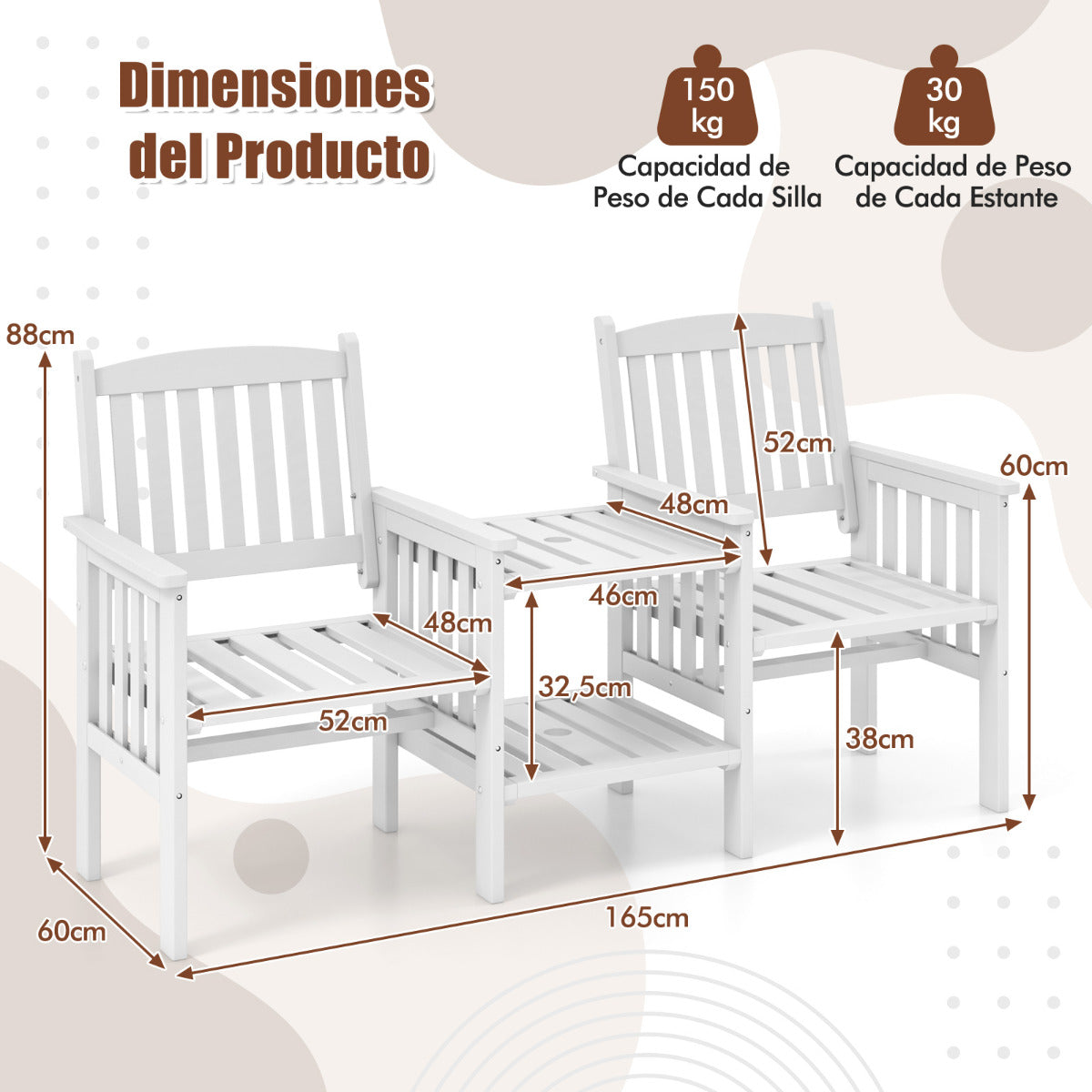 Banco de 2 Plazas de Madera de Abeto para Exterior con Mesa Central de 2 Niveles y Agujero para Sombrilla de 5 cm para Patio Porche Blanco