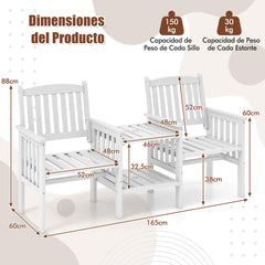Banco de 2 Plazas de Madera de Abeto para Exterior con Mesa Central de 2 Niveles y Agujero para Sombrilla de 5 cm para Patio Porche Blanco