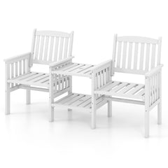 Banco de 2 Plazas de Madera de Abeto para Exterior con Mesa Central de 2 Niveles y Agujero para Sombrilla de 5 cm para Patio Porche Blanco