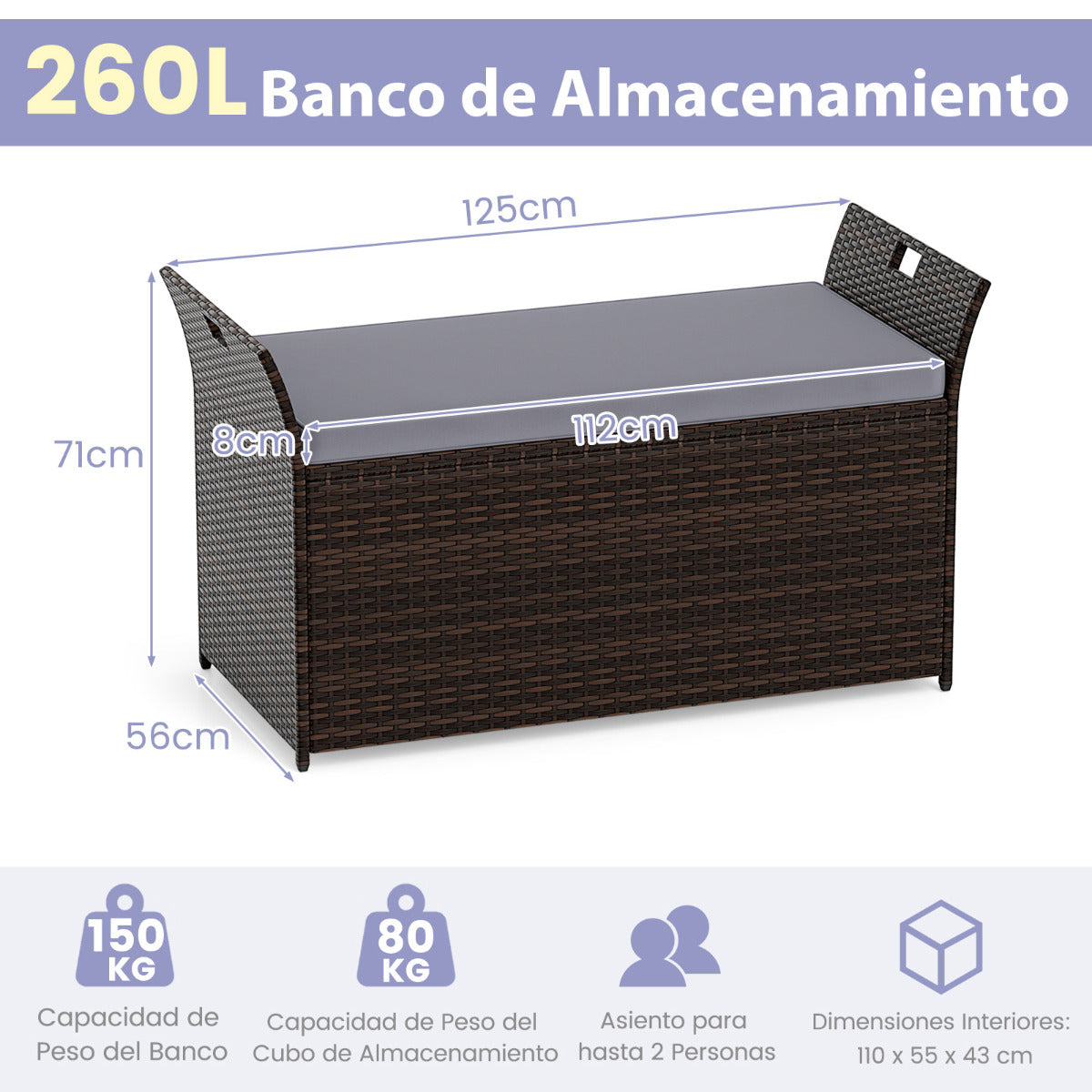 Banco de Almacenamiento Exterior con Ratán PE Cojín y Manijas Laterales Banco de Patio para 2 Personas Caja para Piscina Terraza Jardín