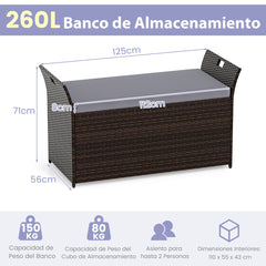 Banco de Almacenamiento Exterior con Ratán PE Cojín y Manijas Laterales Banco de Patio para 2 Personas Caja para Piscina Terraza Jardín