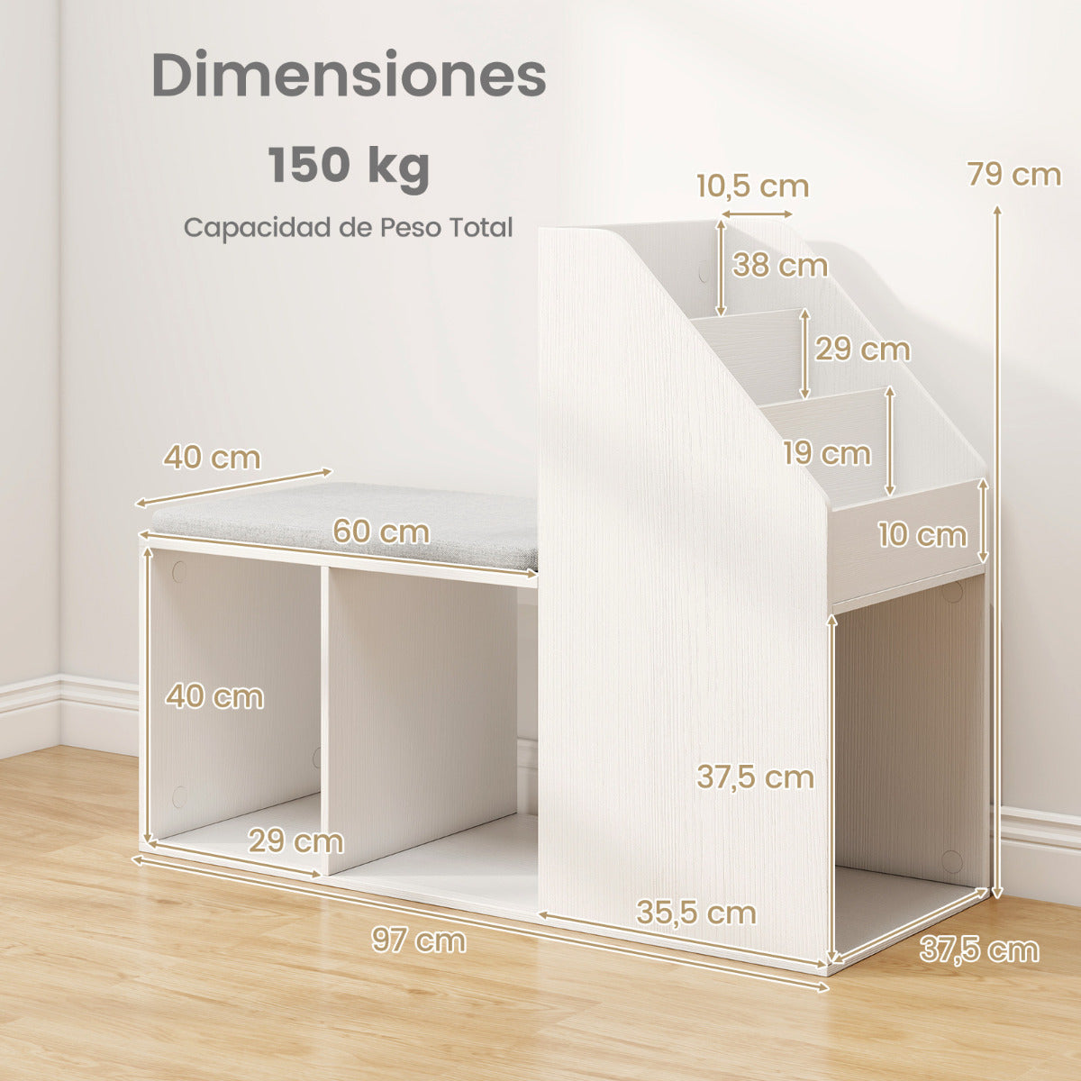 Banco de Almacenamiento para Zapatos con Cojín Extraíble de Entrada con Compartimientos Laterales Zapatero para Pasillo Salón Blanco