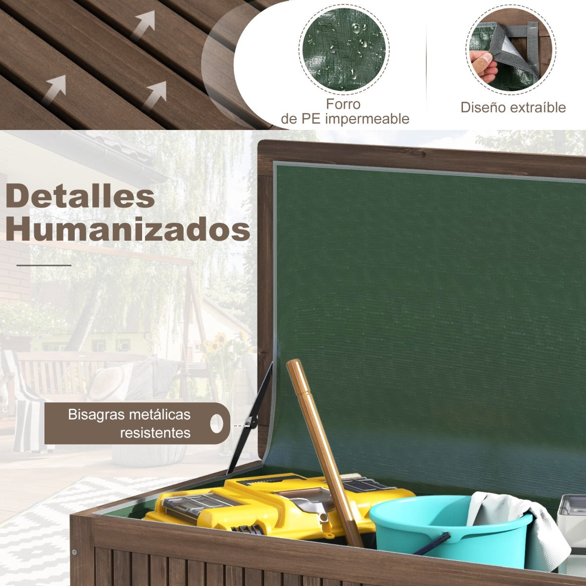 Banco de Almacenamiento de Madera de Abeto de 213 L con Revestimiento de PE Impermeable Extraíble y Ruedas para Herramientas Marrón
