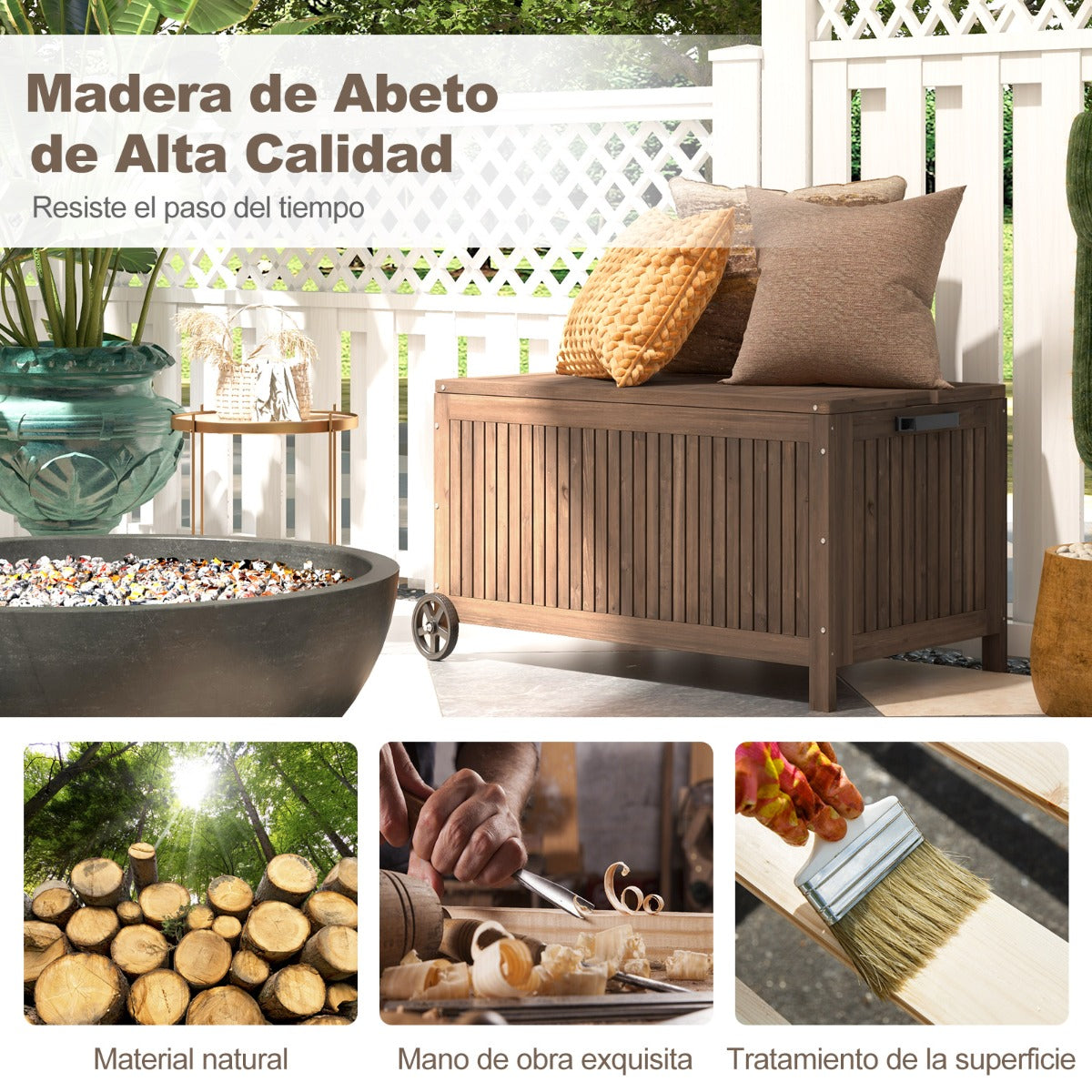 Banco de Almacenamiento de Madera de Abeto de 213 L con Revestimiento de PE Impermeable Extraíble y Ruedas para Herramientas Marrón