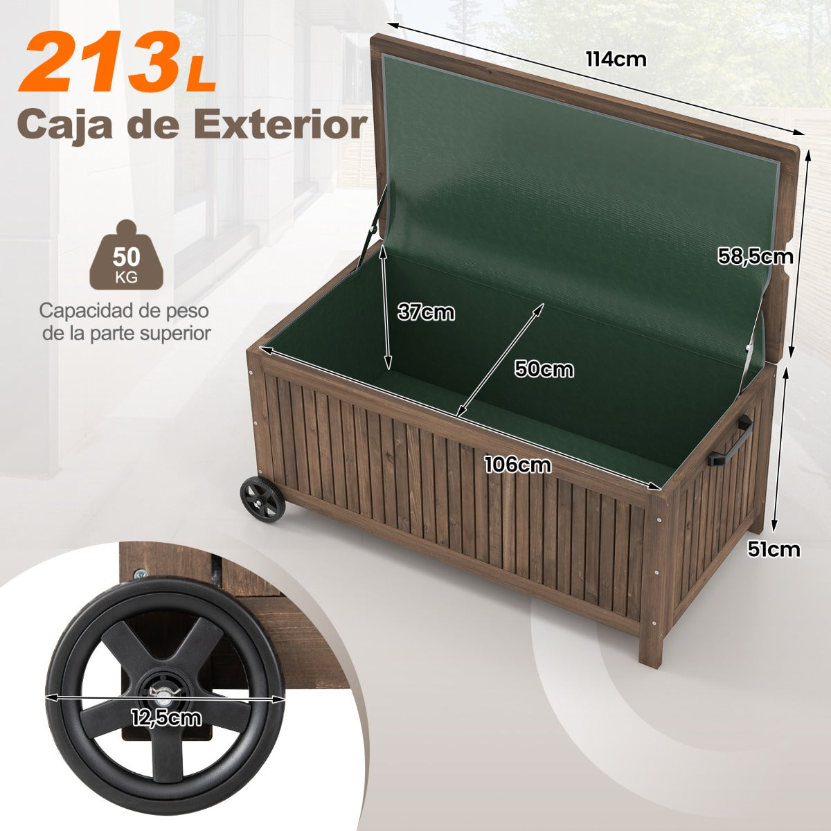 Banco de Almacenamiento de Madera de Abeto de 213 L con Revestimiento de PE Impermeable Extraíble y Ruedas para Herramientas Marrón