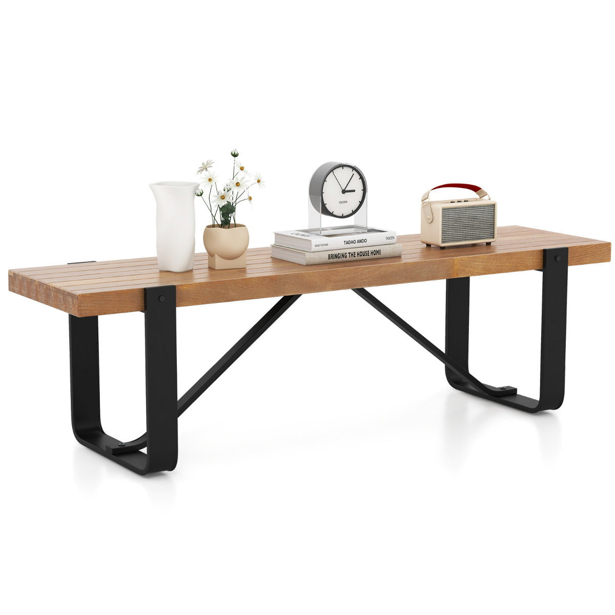 Banco de Entrada de 152,5 cm Largo Estructura de Metal Zapatero de Madera Rústico Banco de Cama Carga 300 kg para Salón Dormitorio Natural
