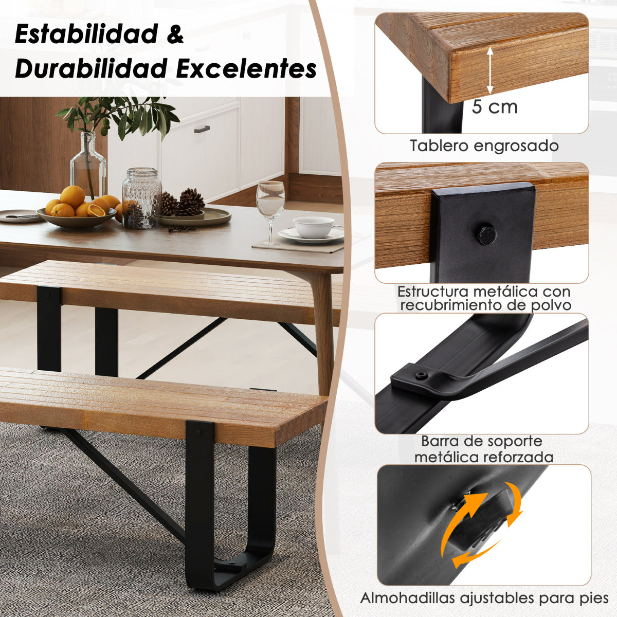 Banco de Entrada de 152,5 cm Largo Estructura de Metal Zapatero de Madera Rústico Banco de Cama Carga 300 kg para Salón Dormitorio Natural