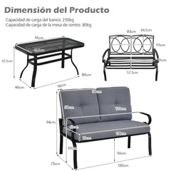 Juego de Sofá de 2 Plazas y Mesa de Café Banco de Exterior con Cojines para Patio Jardín Gris y Negro