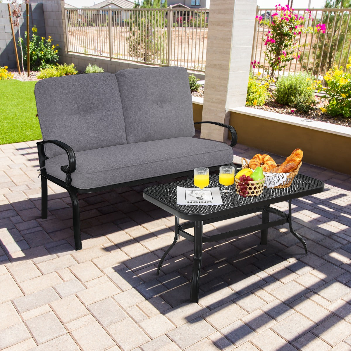 Juego de Sofá de 2 Plazas y Mesa de Café Banco de Exterior con Cojines para Patio Jardín Gris y Negro