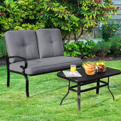 Juego de Sofá de 2 Plazas y Mesa de Café Banco de Exterior con Cojines para Patio Jardín Gris y Negro