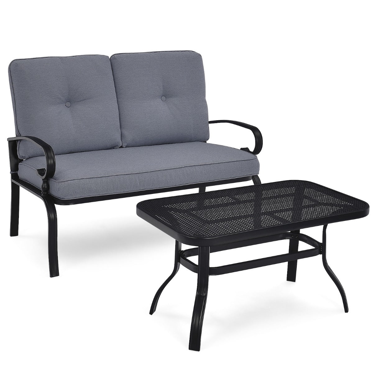Juego de Sofá de 2 Plazas y Mesa de Café Banco de Exterior con Cojines para Patio Jardín Gris y Negro