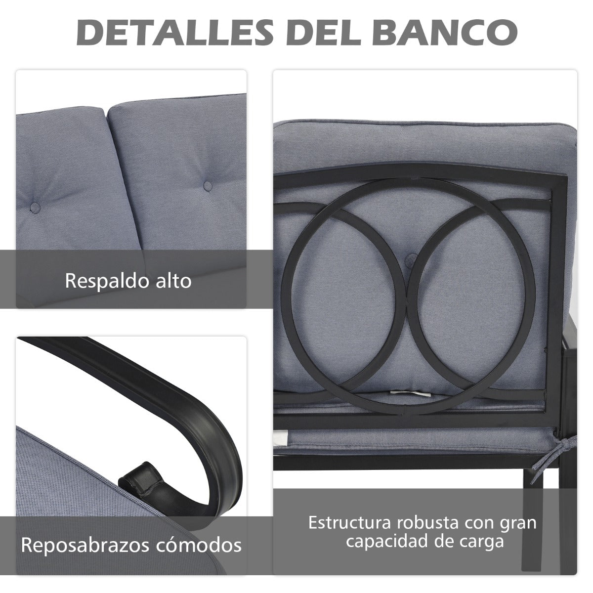 Juego de Sofá de 2 Plazas y Mesa de Café Banco de Exterior con Cojines para Patio Jardín Gris y Negro