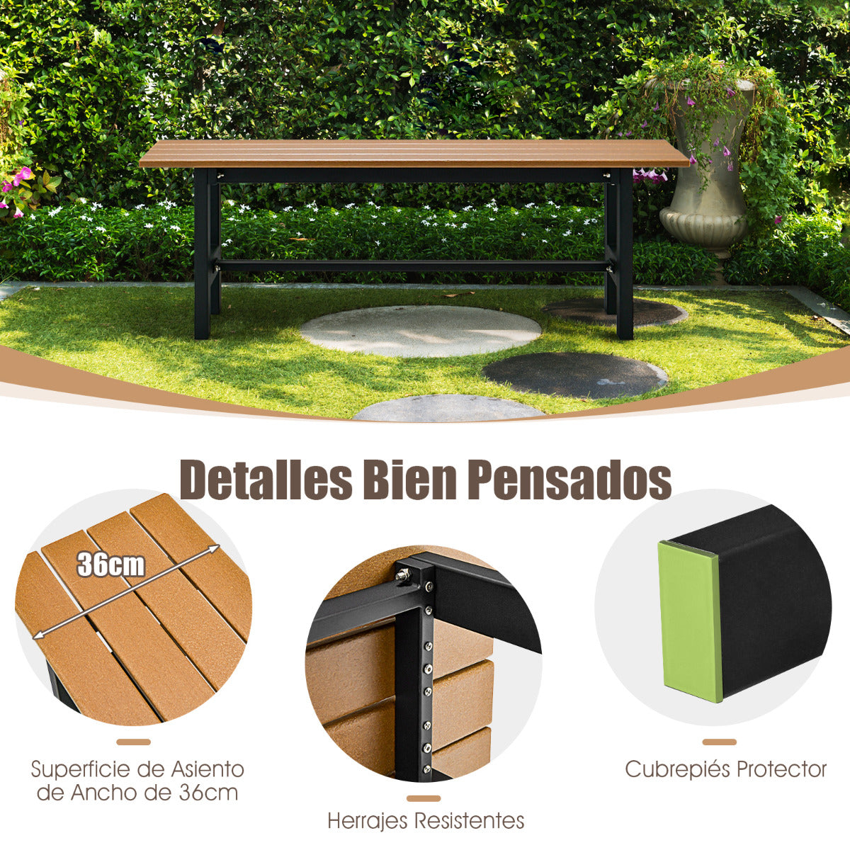Banco de Exterior para 2 Personas Asiento Listón Estructura Metal Capacidad 300 kg para Patio Jardín Balcón 120 x 36 x 40,5 cm Marrón