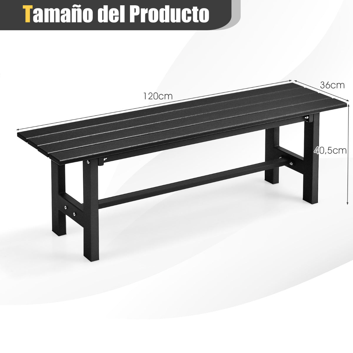 Banco de Exterior para 2 Personas Asiento Listón Estructura Metal Capacidad 300 kg para Patio Jardín Balcón 120 x 36 x 40,5 cm Negro