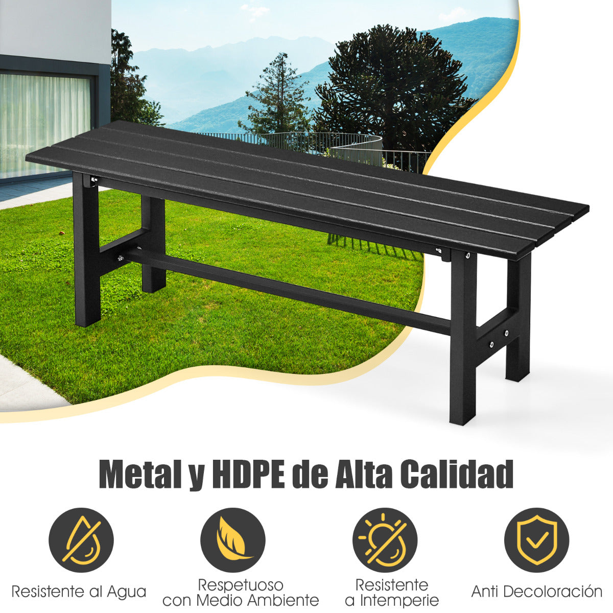 Banco de Exterior para 2 Personas Asiento Listón Estructura Metal Capacidad 300 kg para Patio Jardín Balcón 120 x 36 x 40,5 cm Negro