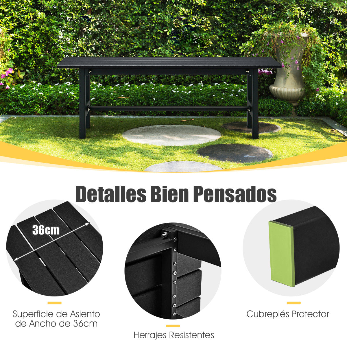 Banco de Exterior para 2 Personas Asiento Listón Estructura Metal Capacidad 300 kg para Patio Jardín Balcón 120 x 36 x 40,5 cm Negro
