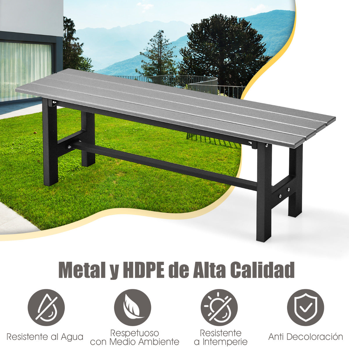 Banco de Exterior para 2 Personas Asiento Listón Estructura Metal Capacidad 300 kg para Patio Jardín Balcón 120 x 36 x 40,5 cm Gris