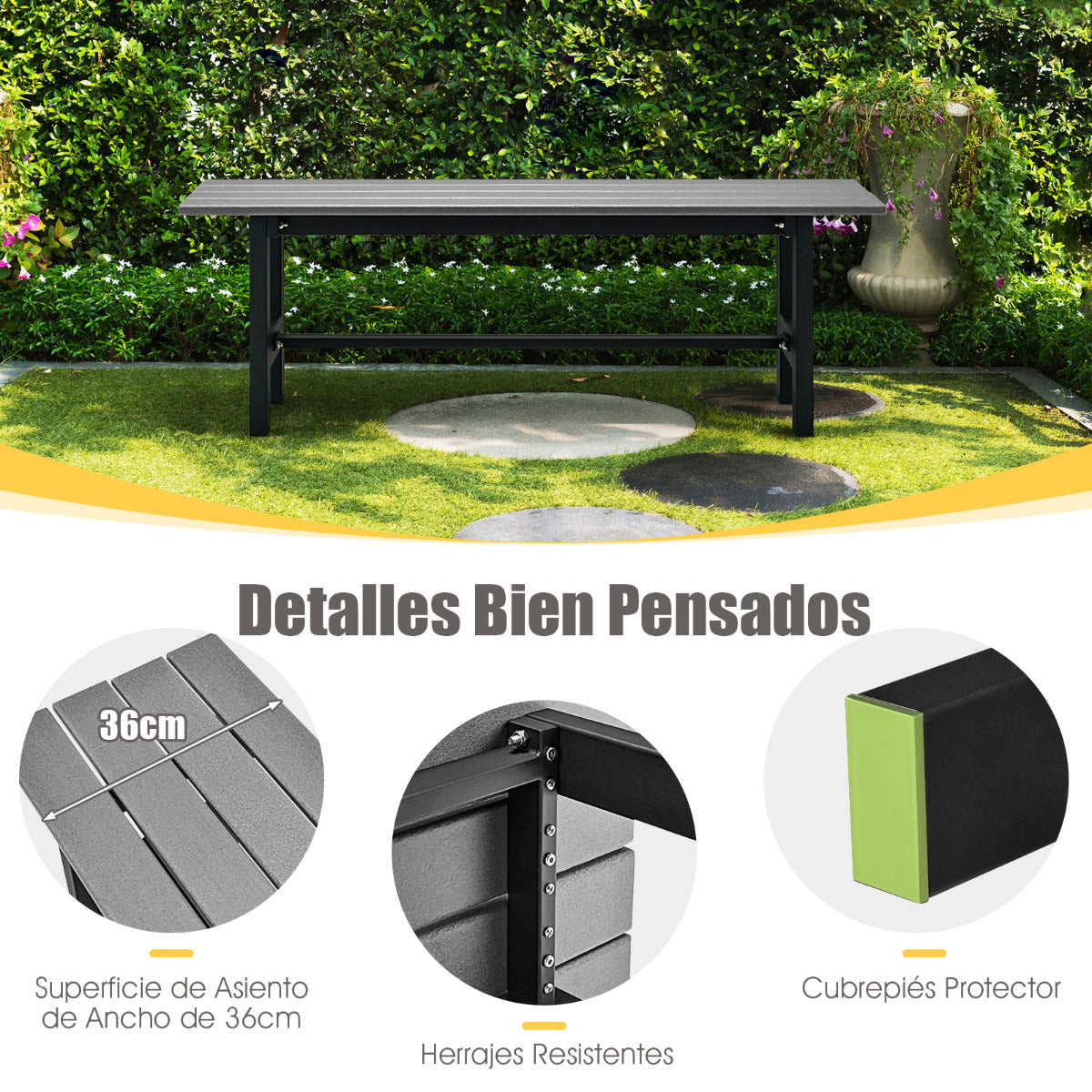 Banco de Exterior para 2 Personas Asiento Listón Estructura Metal Capacidad 300 kg para Patio Jardín Balcón 120 x 36 x 40,5 cm Gris