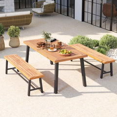 Banco de Jardín de Madera de Acacia Sin Respaldo con Estructura de Metal Resistente 160 x 32 x 45 cm Natural y Negro-Juego de 2