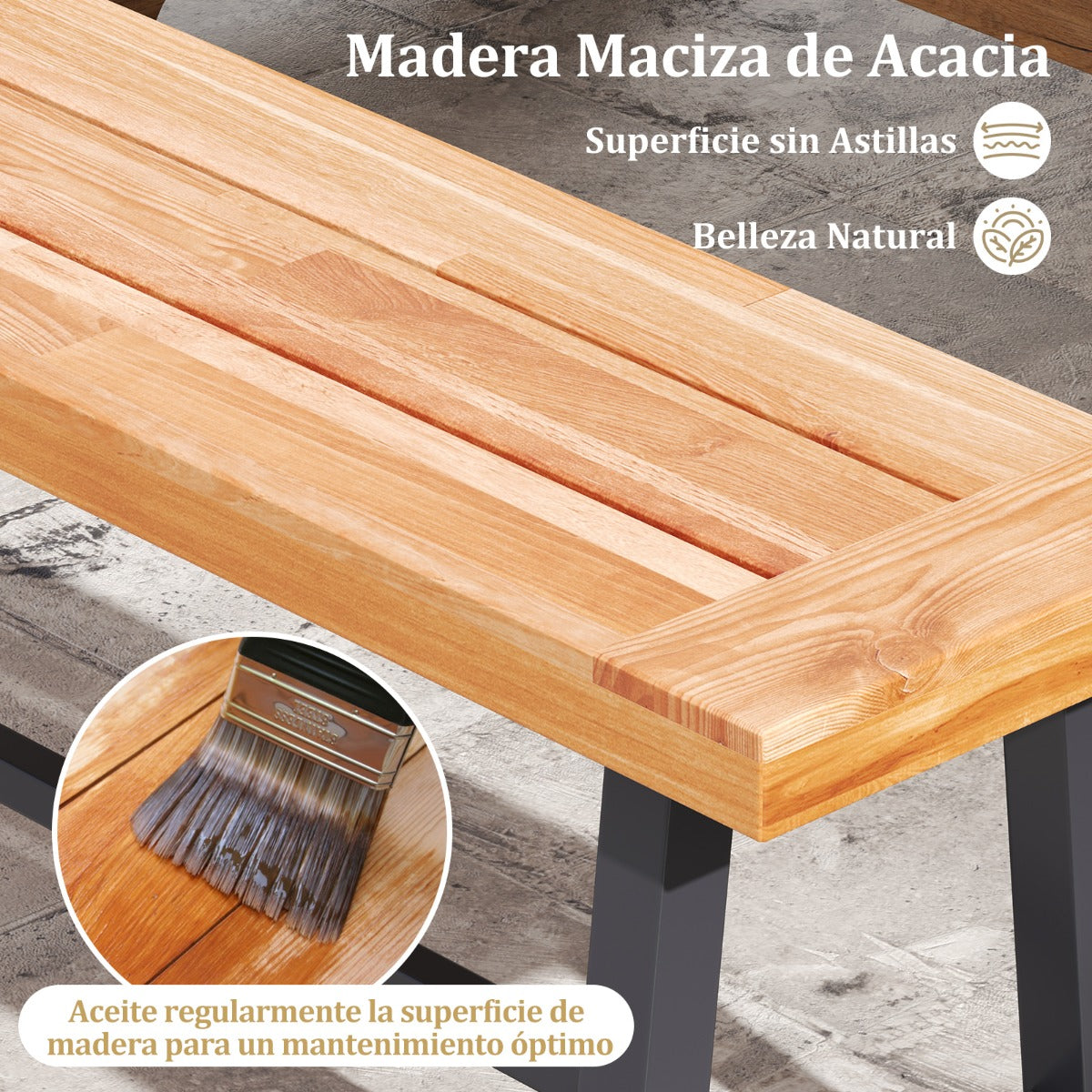Banco de Jardín de Madera de Acacia Sin Respaldo con Estructura de Metal Resistente 160 x 32 x 45 cm Natural y Negro-Juego de 2