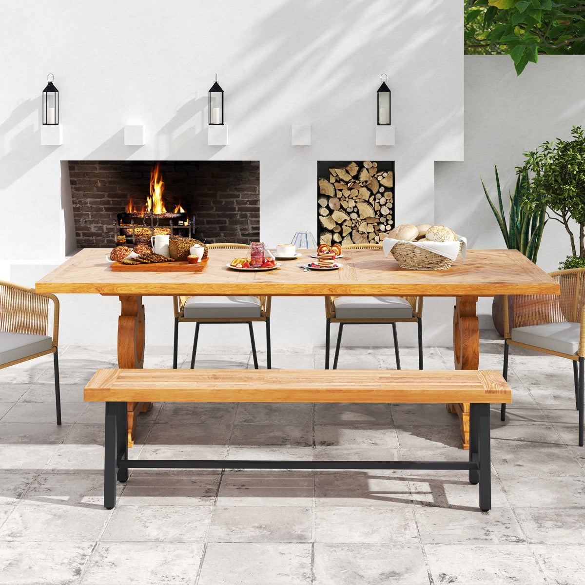 Banco de Jardín de Madera de Acacia Sin Respaldo con Estructura de Metal Resistente 160 x 32 x 45 cm Natural y Negro-Juego de 2
