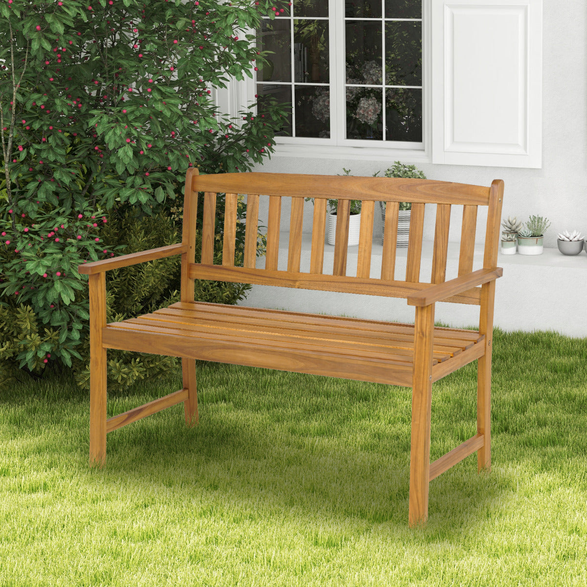 Banco de Jardín de Madera Acacia 2 Plazas con Respaldo Reposabrazos Asiento con Listones Carga 360kg para Patio 110 x 56,5 x 86 cm Natural