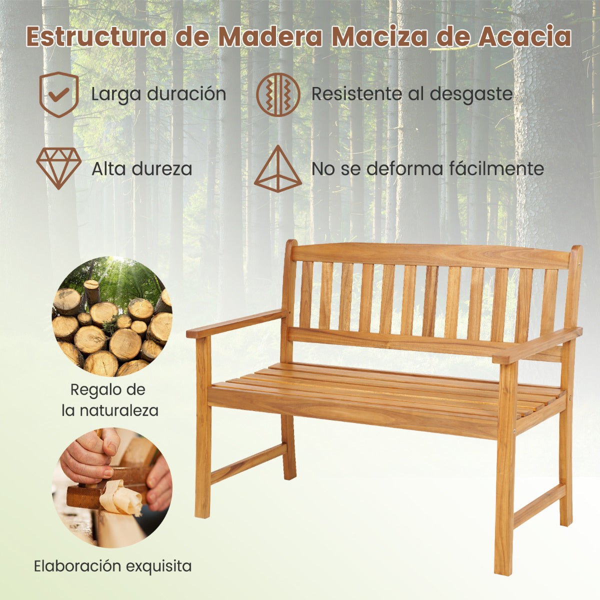 Banco de Jardín de Madera Acacia 2 Plazas con Respaldo Reposabrazos Asiento con Listones Carga 360kg para Patio 110 x 56,5 x 86 cm Natural
