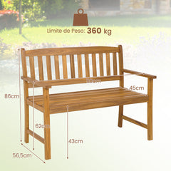 Banco de Jardín de Madera Acacia 2 Plazas con Respaldo Reposabrazos Asiento con Listones Carga 360kg para Patio 110 x 56,5 x 86 cm Natural