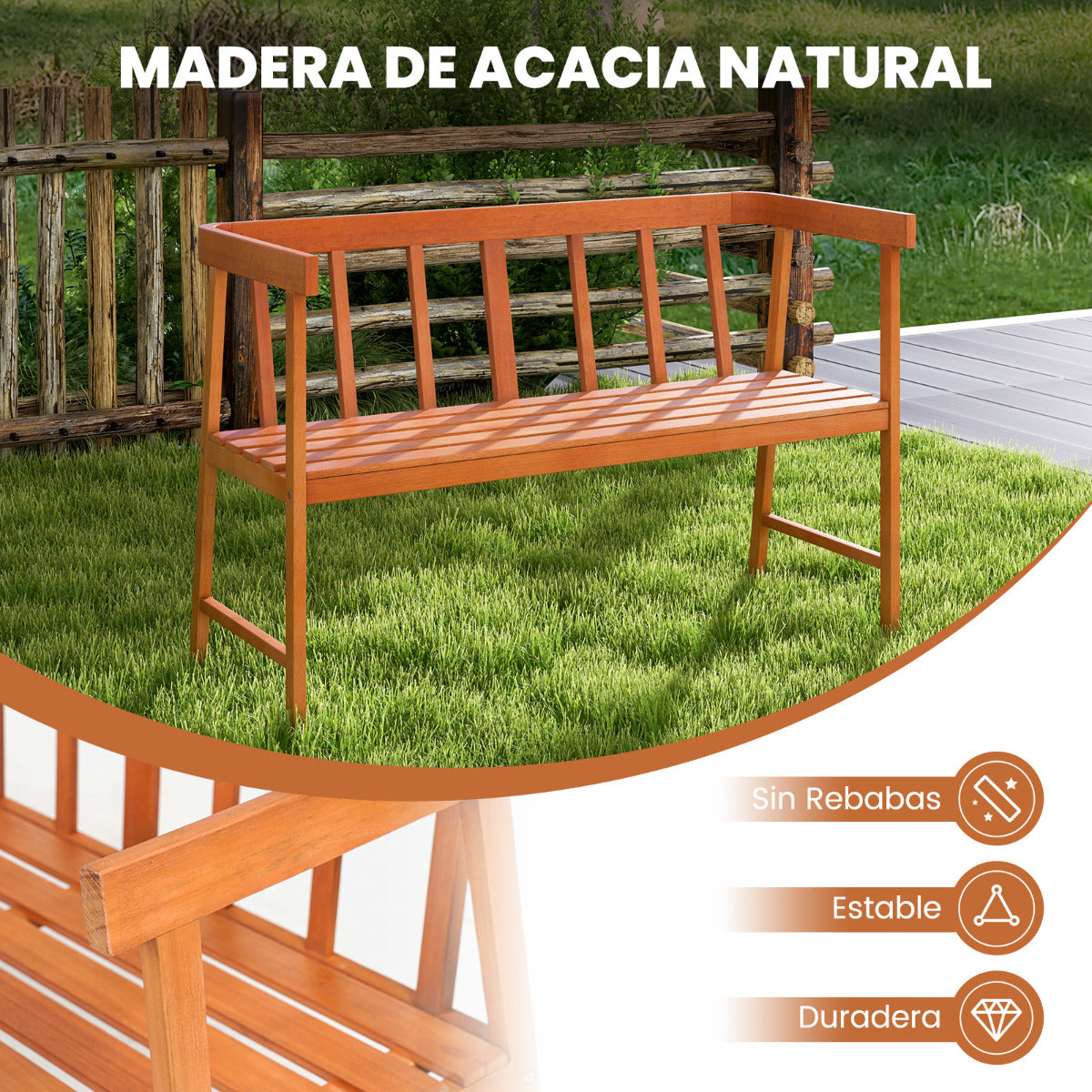 Banco de Jardín de Madera Acacia para 2 Personas con Respaldo Apoyabrazos Asiento de Listones para Parque Patio Carga 360kg 110 x 46 x 72 cm