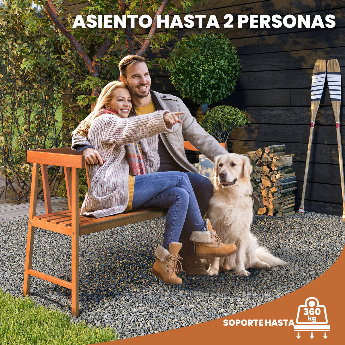 Banco de Jardín de Madera Acacia para 2 Personas con Respaldo Apoyabrazos Asiento de Listones para Parque Patio Carga 360kg 110 x 46 x 72 cm